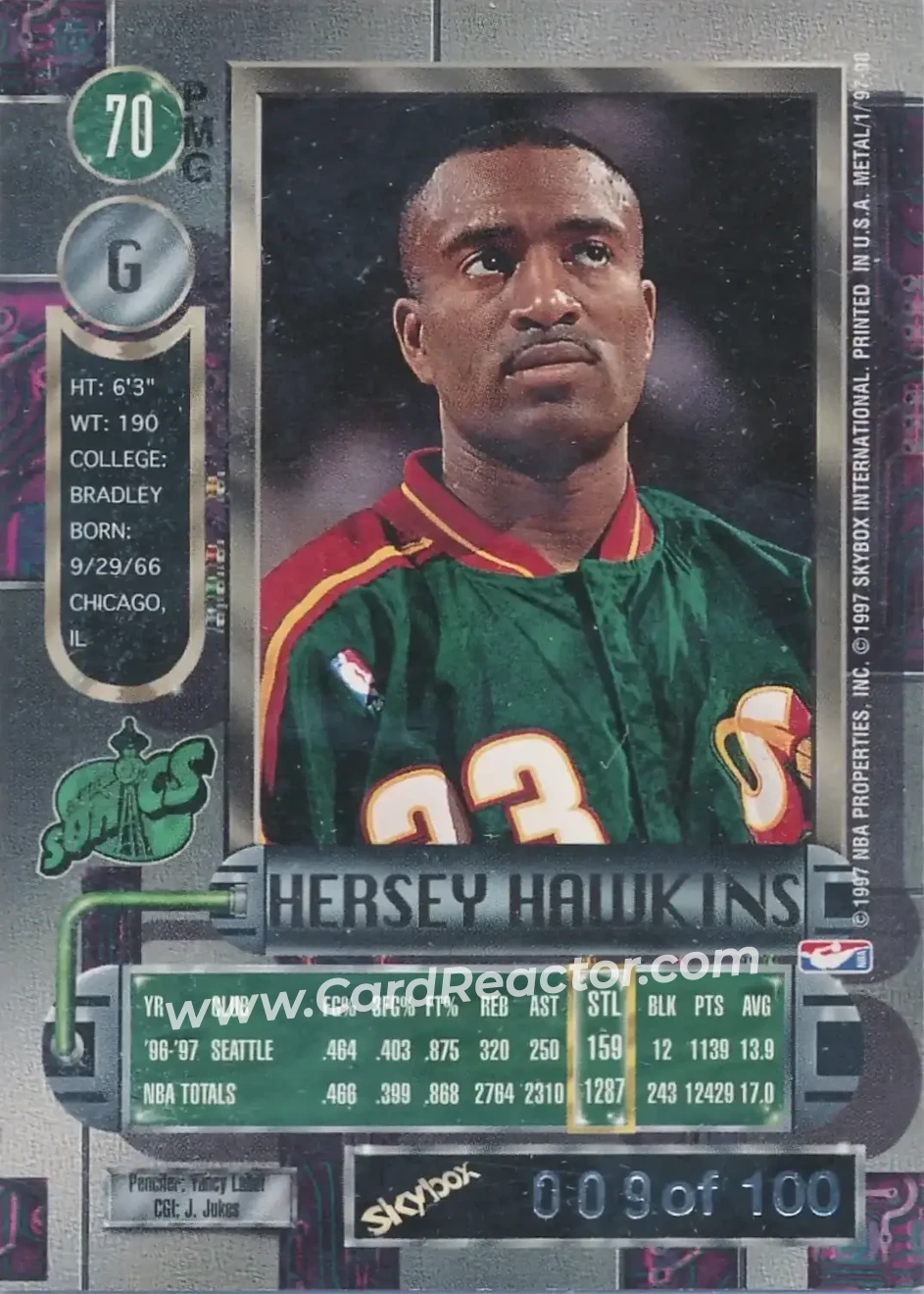 1997-98 Metal Universe - Precious Metal Gems Emerald #70 PMG - Hersey Hawkins - Seattle SuperSonics - Back