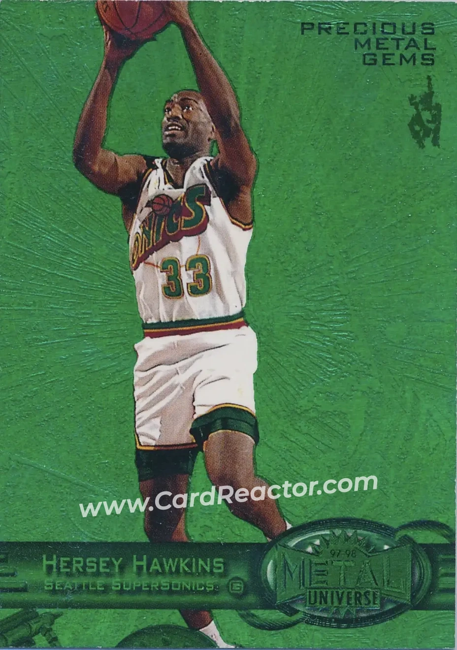 1997-98 Metal Universe - Precious Metal Gems Emerald #70 PMG - Hersey Hawkins - Seattle SuperSonics - Front