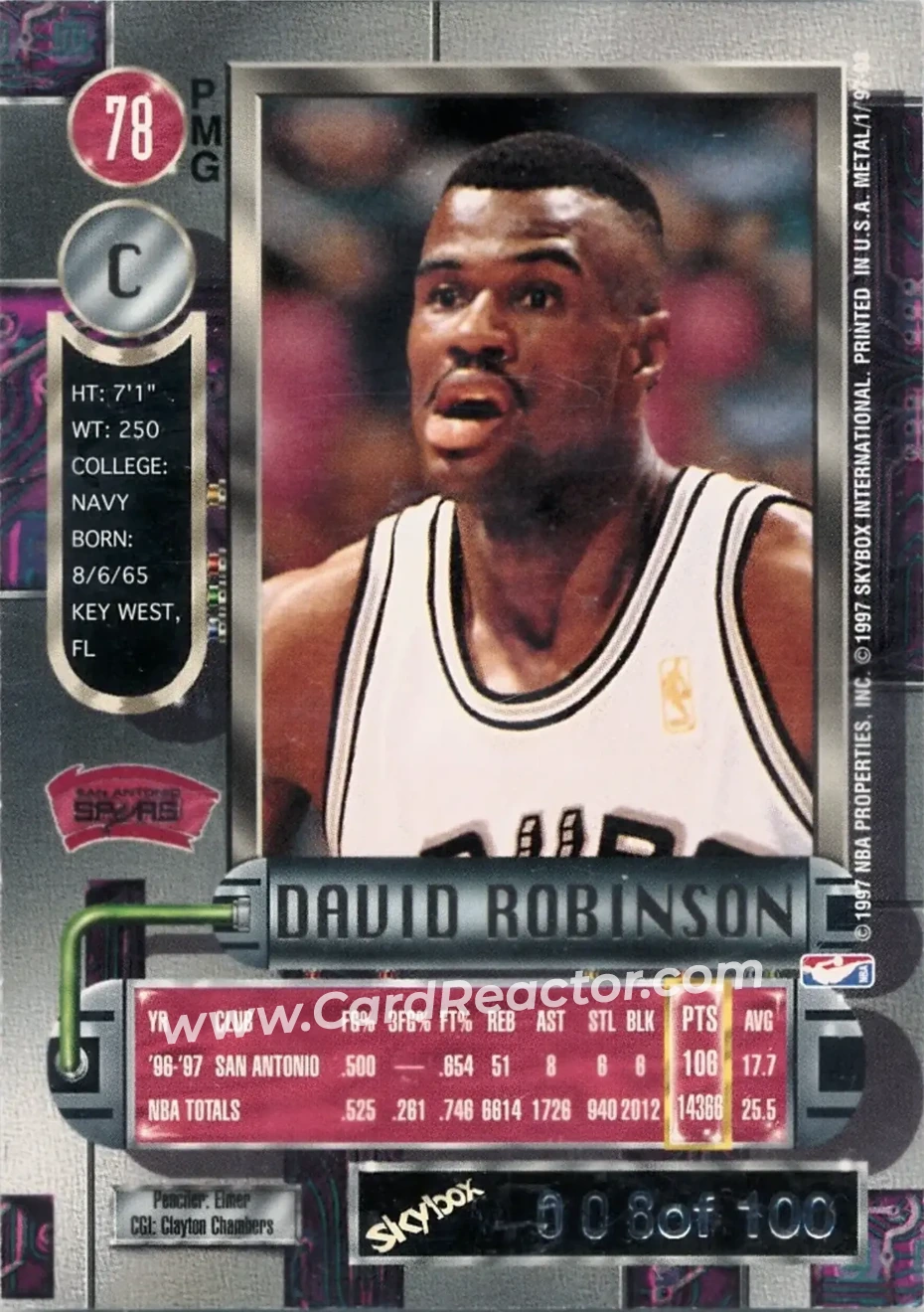 1997-98 Metal Universe - Precious Metal Gems Emerald #78 PMG - David Robinson - San Antonio Spurs - Back
