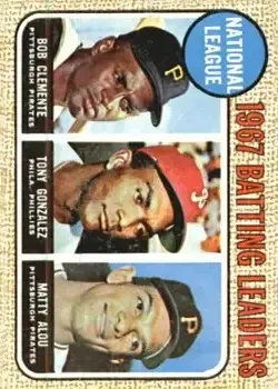 1968 Topps #1 - National League 1967 Batting Leaders (Bob Clemente - Tony Gonzalez - Matty Alou) LL - Pittsburgh Pirates - Philadelphia Phillies - Front 1968 Topps #1 - National League 1967 Batting Leaders (Bob Clemente - Tony Gonzalez - Matty Alou) LL - Pittsburgh Pirates - Philadelphia Phillies - Front