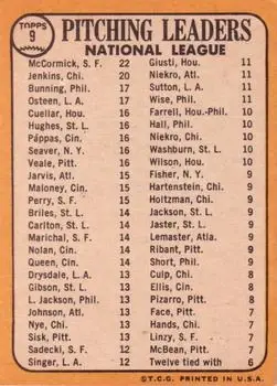 1968 Topps #9 - National League 1967 Pitching Leaders (Mike McCormick - Ferguson Jenkins - Jim Bunning - Claude Osteen) LL - San Francisco Giants - Chicago Cubs - Philadelphia Phillies - Los Angeles Dodgers - Back