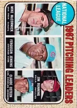 1968 Topps #9 - National League 1967 Pitching Leaders (Mike McCormick - Ferguson Jenkins - Jim Bunning - Claude Osteen) LL - San Francisco Giants - Chicago Cubs - Philadelphia Phillies - Los Angeles Dodgers - Front