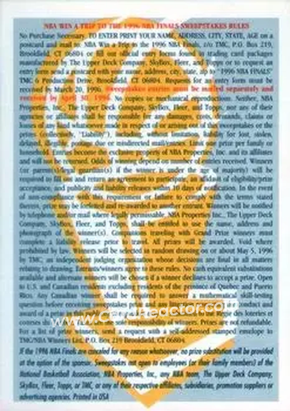 1995-96 SkyBox Premium #NNO - ☆ 1996 NBA Finals Sweepstakes - Back 1995-96 SkyBox Premium #NNO - ☆ 1996 NBA Finals Sweepstakes - Back