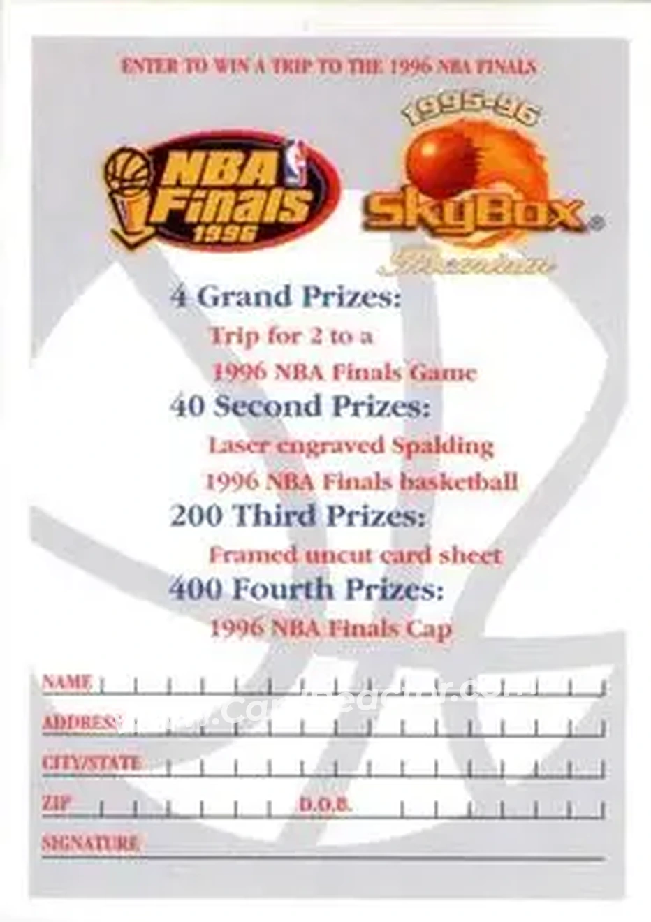 1995-96 SkyBox Premium #NNO - ☆ 1996 NBA Finals Sweepstakes - Front 1995-96 SkyBox Premium #NNO - ☆ 1996 NBA Finals Sweepstakes - Front