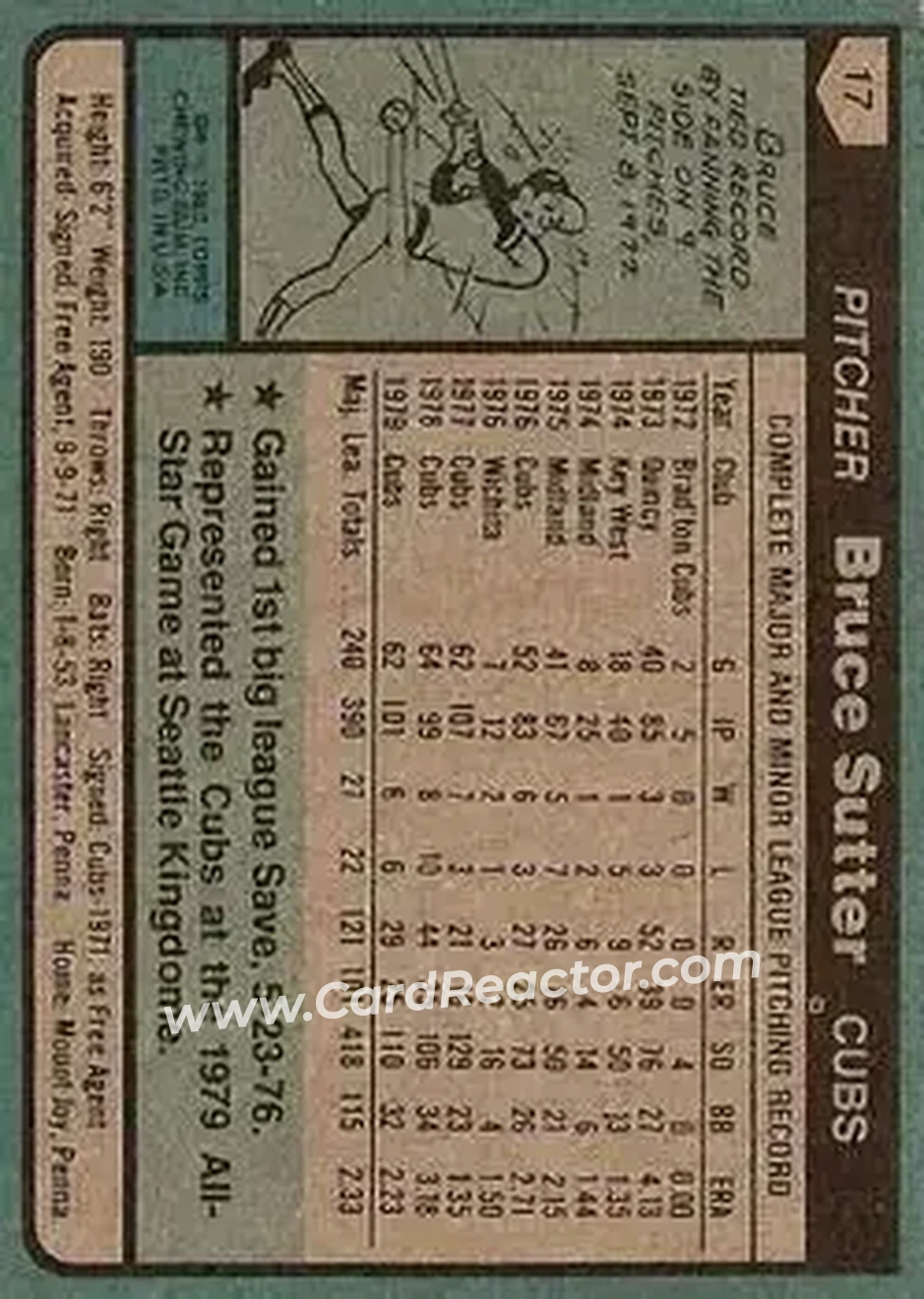 1980 Topps #17 - Bruce Sutter - Chicago Cubs