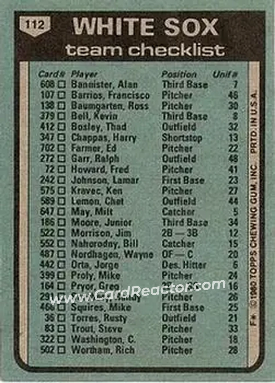 1980 Topps #112 - Card #112 - Chicago White Sox 1980 Topps #112 - Card #112 - Chicago White Sox