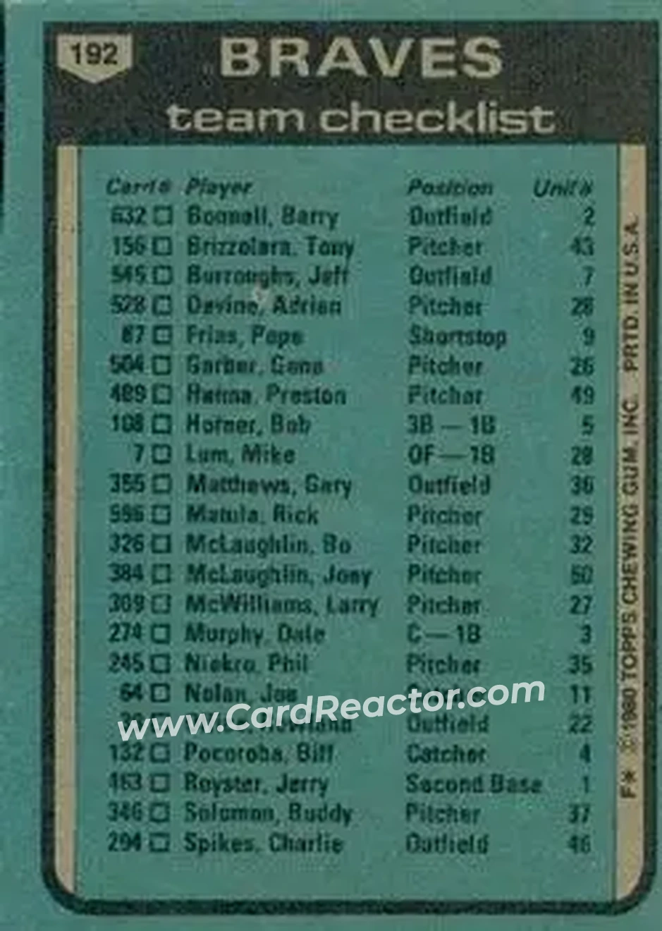 1980 Topps #192 - Card #192 - Atlanta Braves 1980 Topps #192 - Card #192 - Atlanta Braves