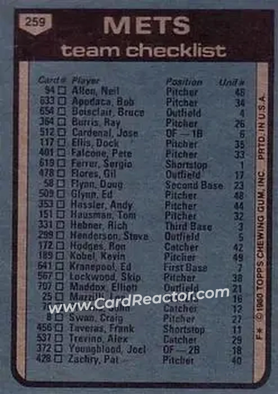 1980 Topps #259 - Card #259 - New York Mets