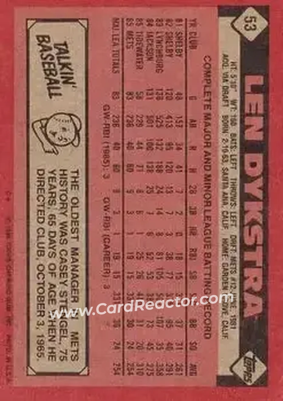 Back of Len Dykstra