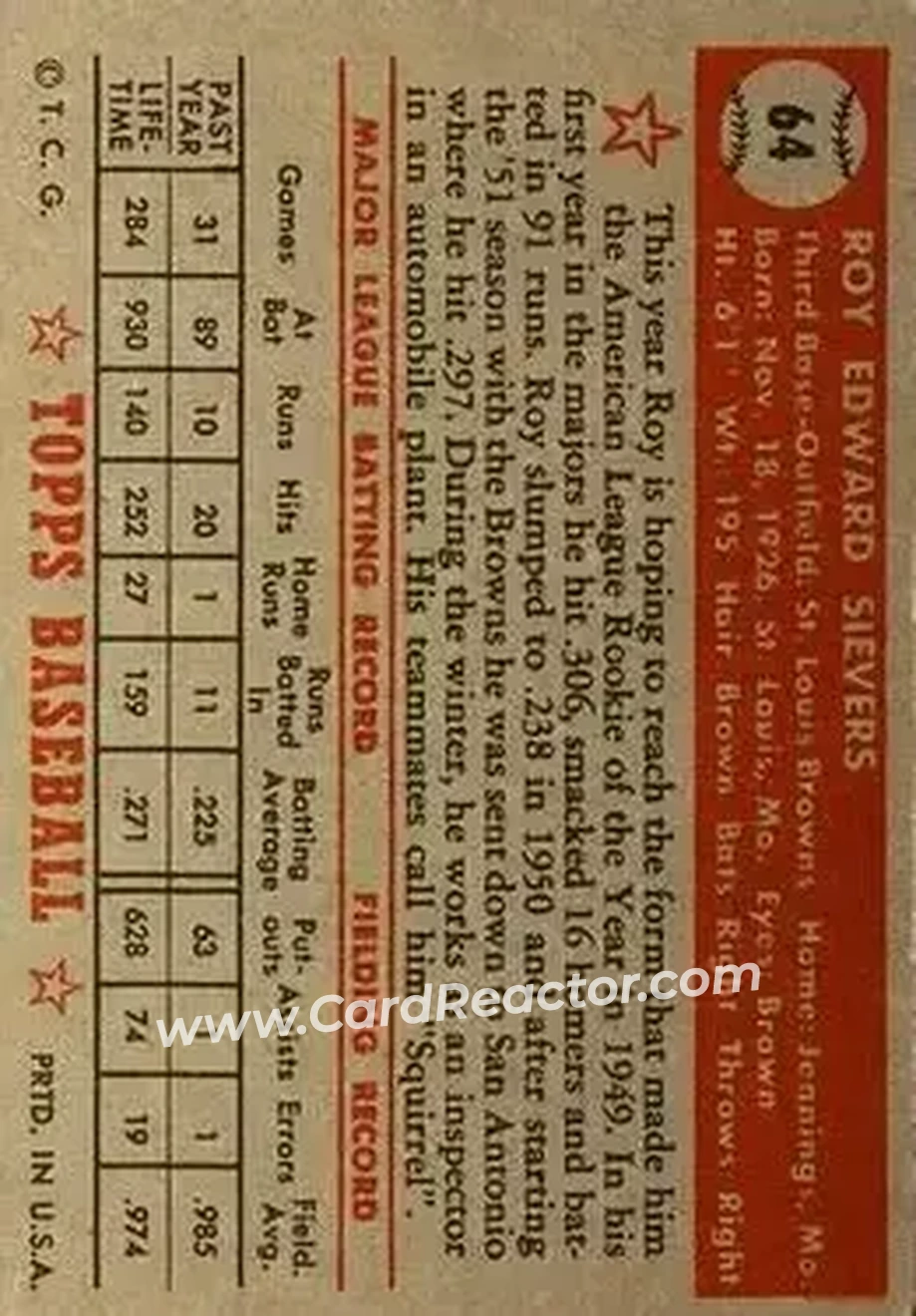 Back of Roy Sievers