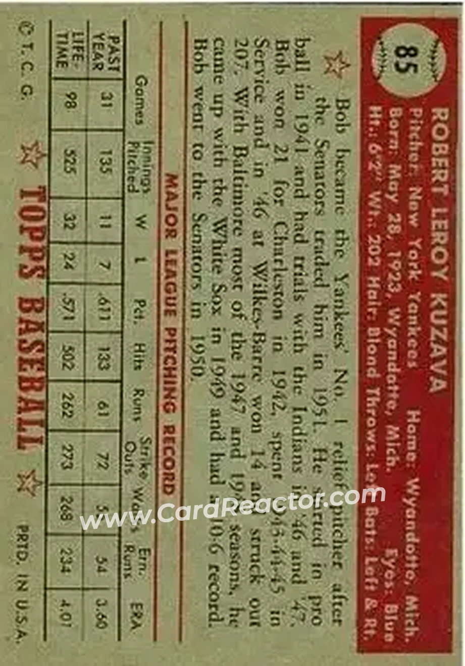 Back of Bob Kuzava