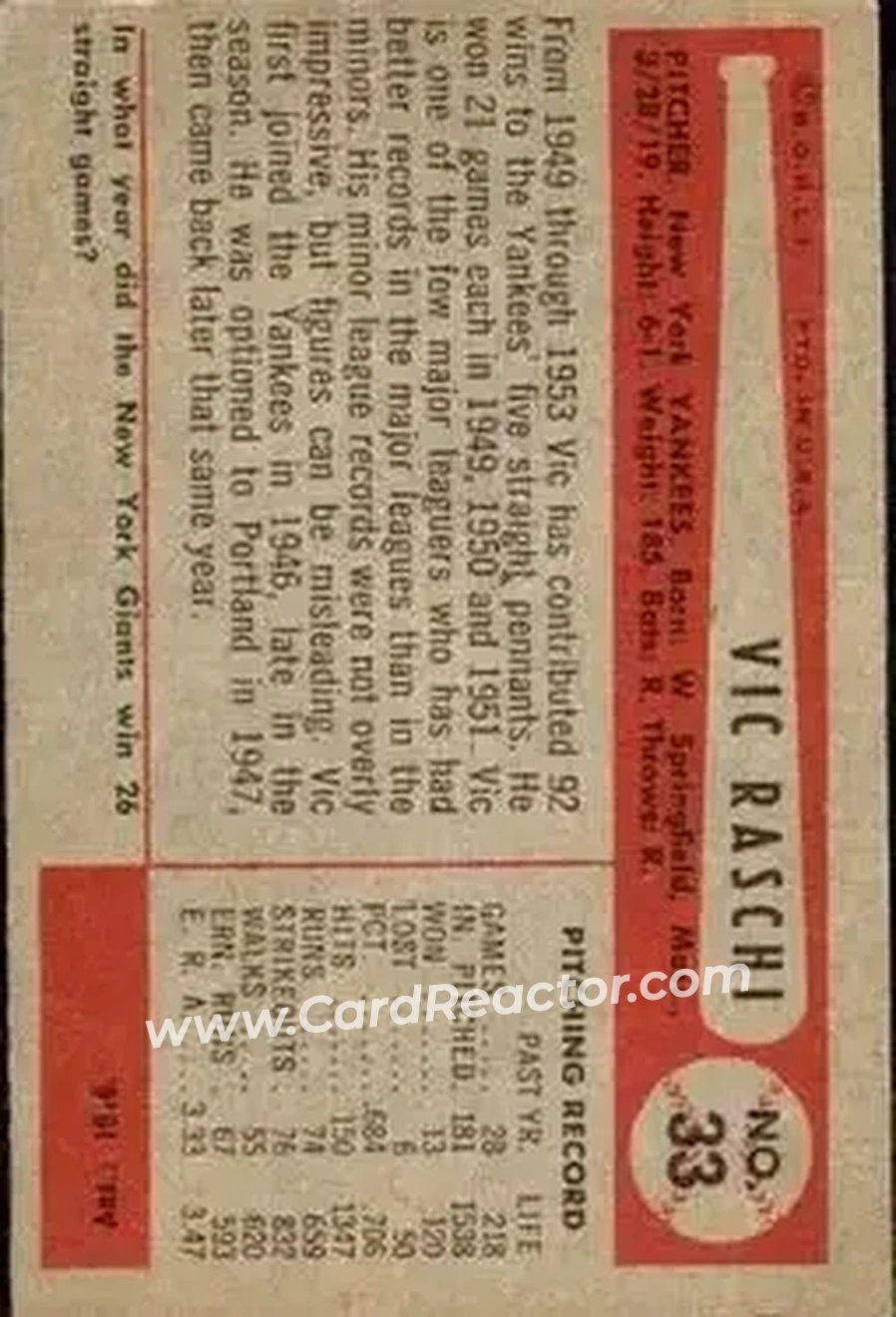 Back of Vic Raschi