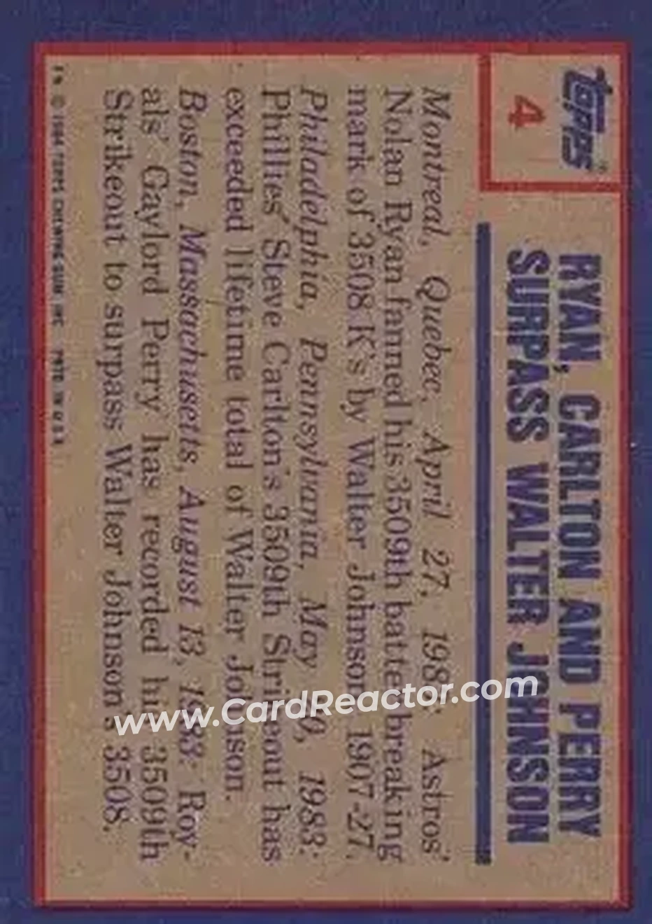 1984 Topps #4 - Nolan Ryan - Steve Carlton - Gaylord Perry HL - Houston Astros - Philadelphia Phillies - Kansas City Royals - Back