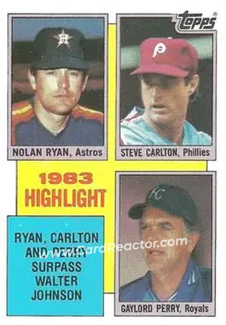 1984 Topps #4 - Nolan Ryan - Steve Carlton - Gaylord Perry HL - Houston Astros - Philadelphia Phillies - Kansas City Royals - Front