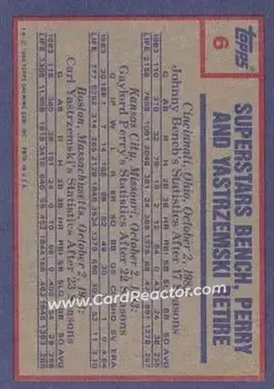 1984 Topps #6 - Johnny Bench - Gaylord Perry - Carl Yastrzemski HL - Cincinnati Reds - Kansas City Royals - Boston Red Sox - Back