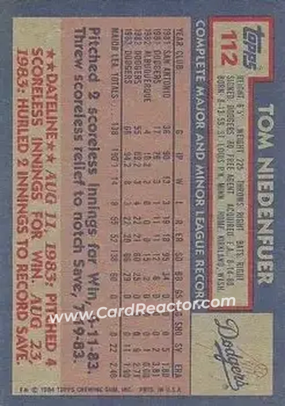 Back of Tom Niedenfuer