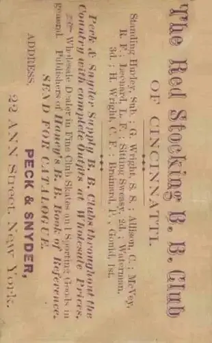 1869 Peck & Snyder - Single Inserts #NNO - Red Stocking B.B. Club of Cincinnati Small Card 3 15/16" x 2 3/8" Cincinnati Red Stockings - Cincinnati Red Stockings - Back