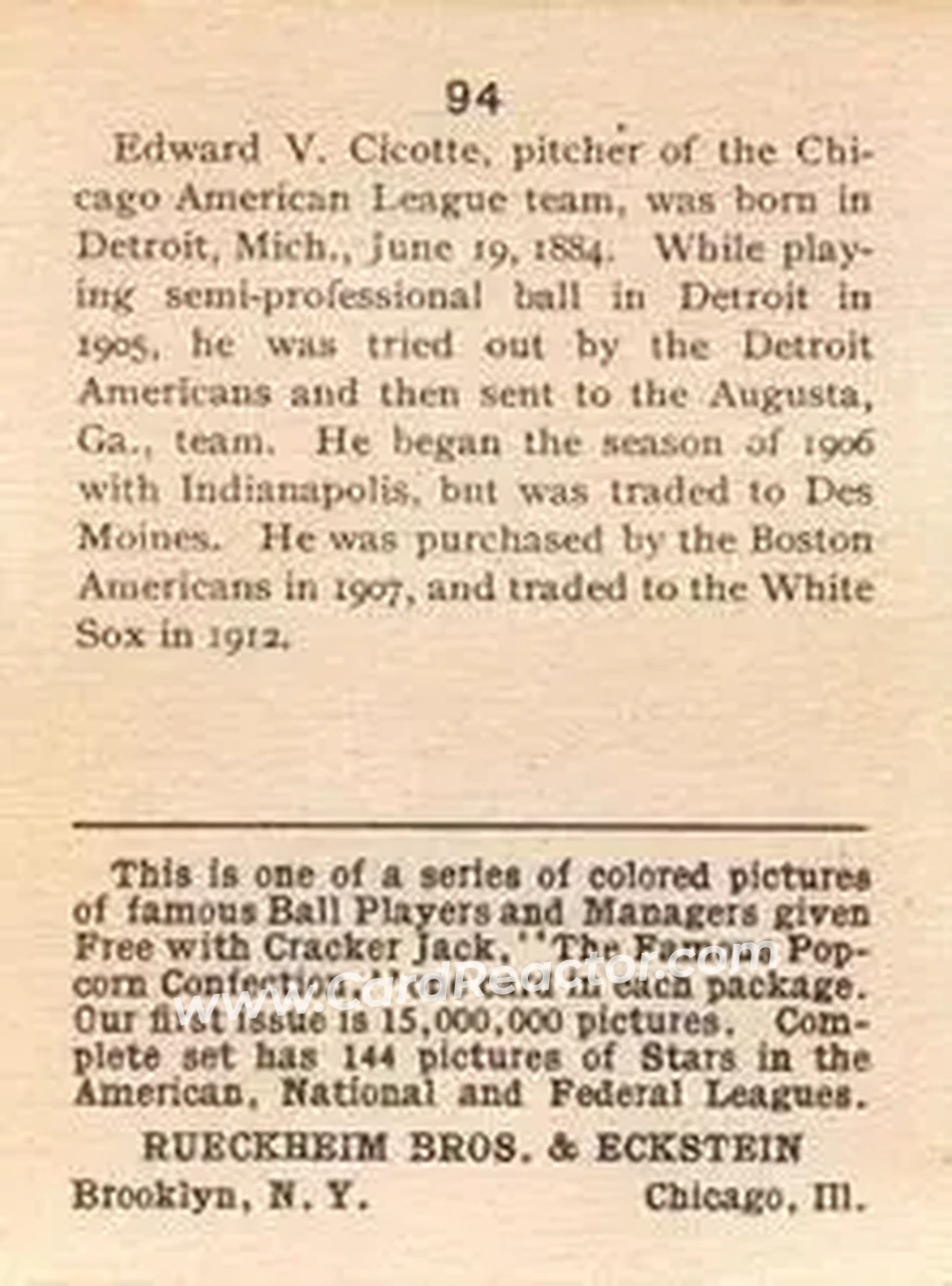 Back of Eddie Cicotte