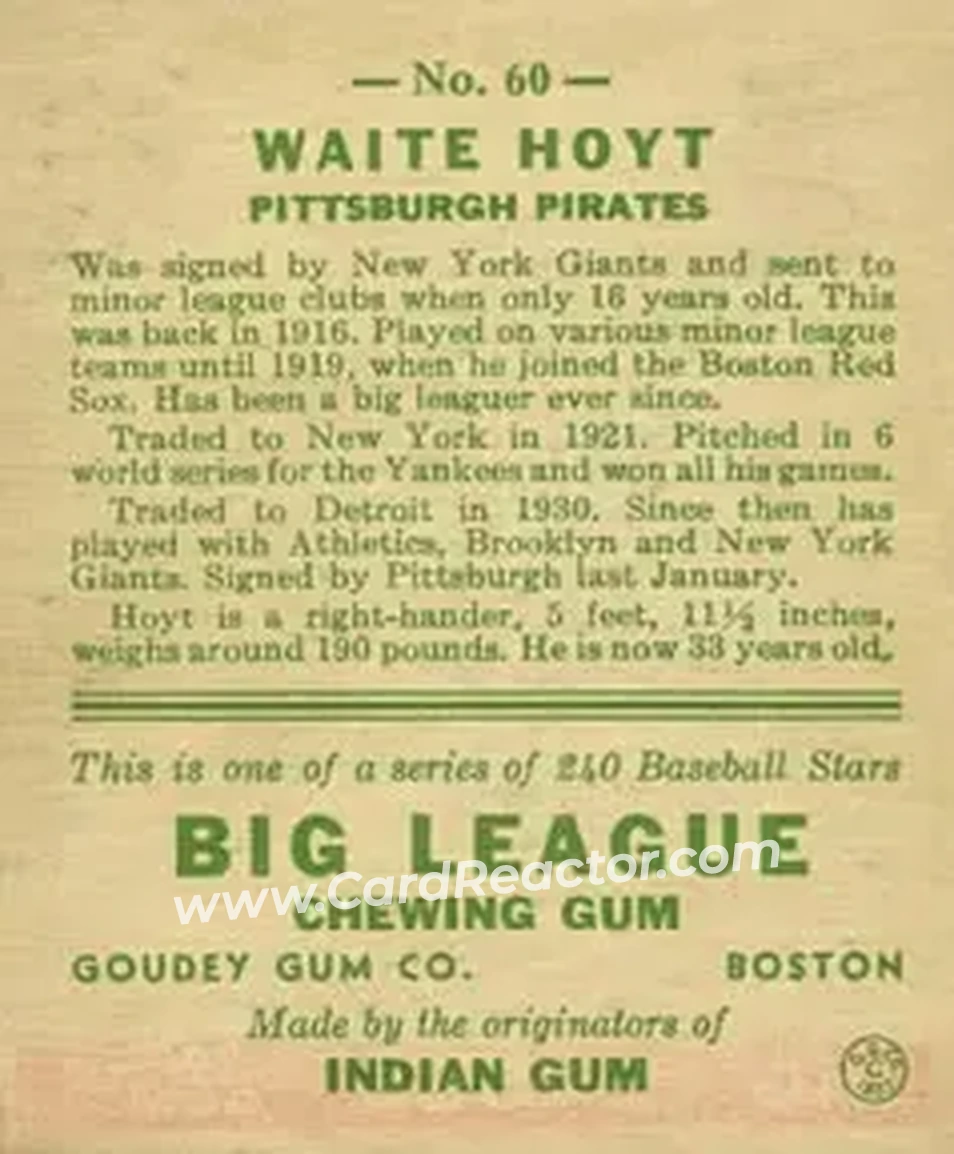 Back of Waite Hoyt