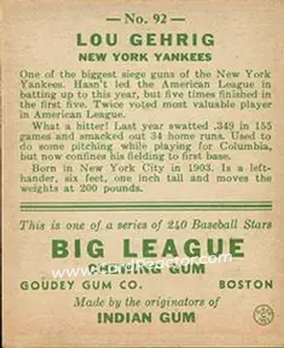Back of Lou Gehrig