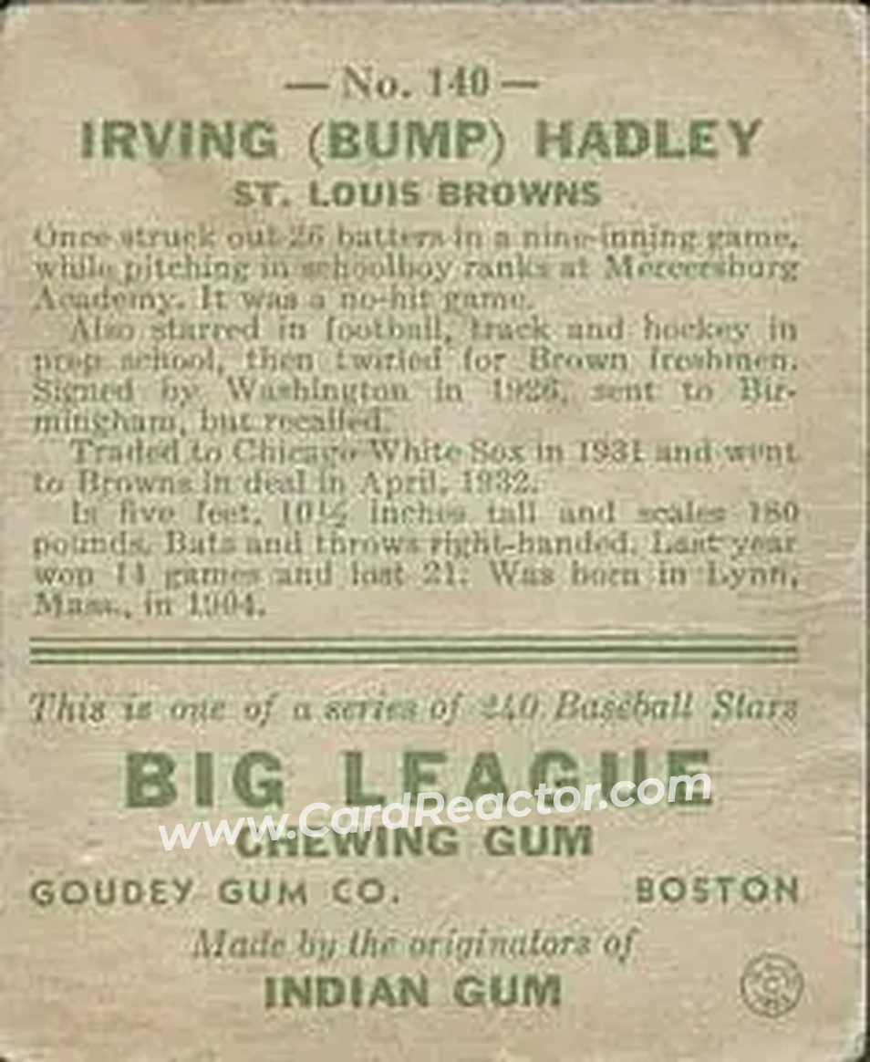 Back of Irving “Bump” Hadley