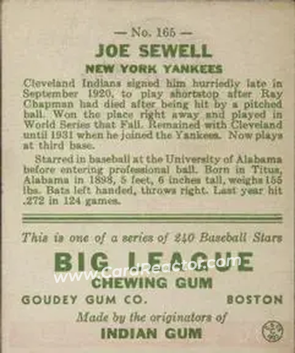 Back of Joe Sewell