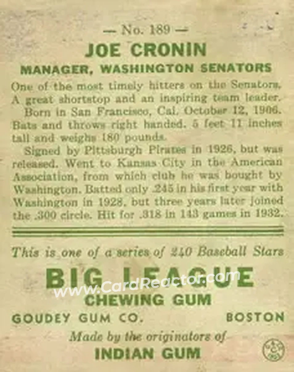 Back of Joe Cronin
