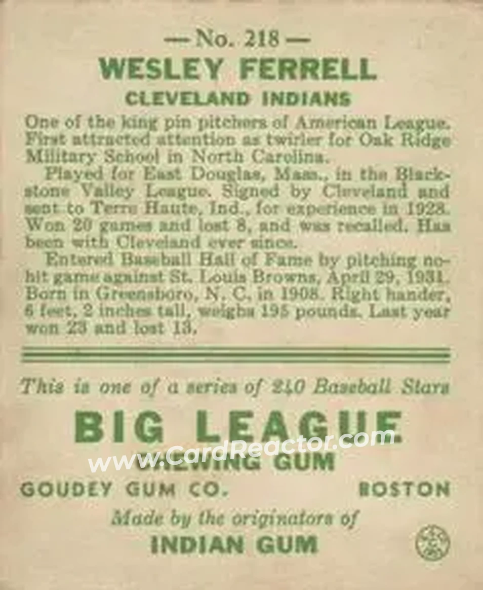 Back of Wesley Ferrell