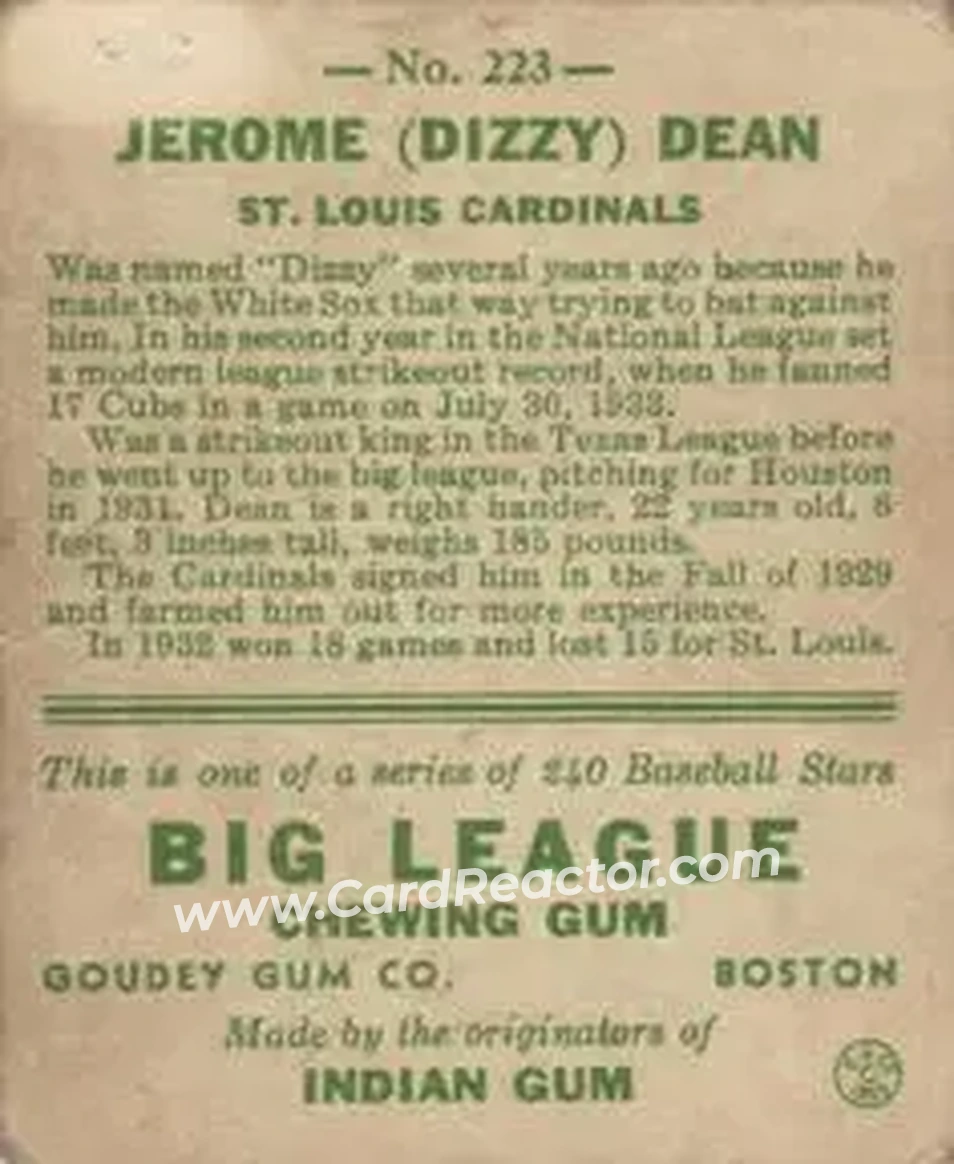 Back of Jerome “Dizzy” Dean