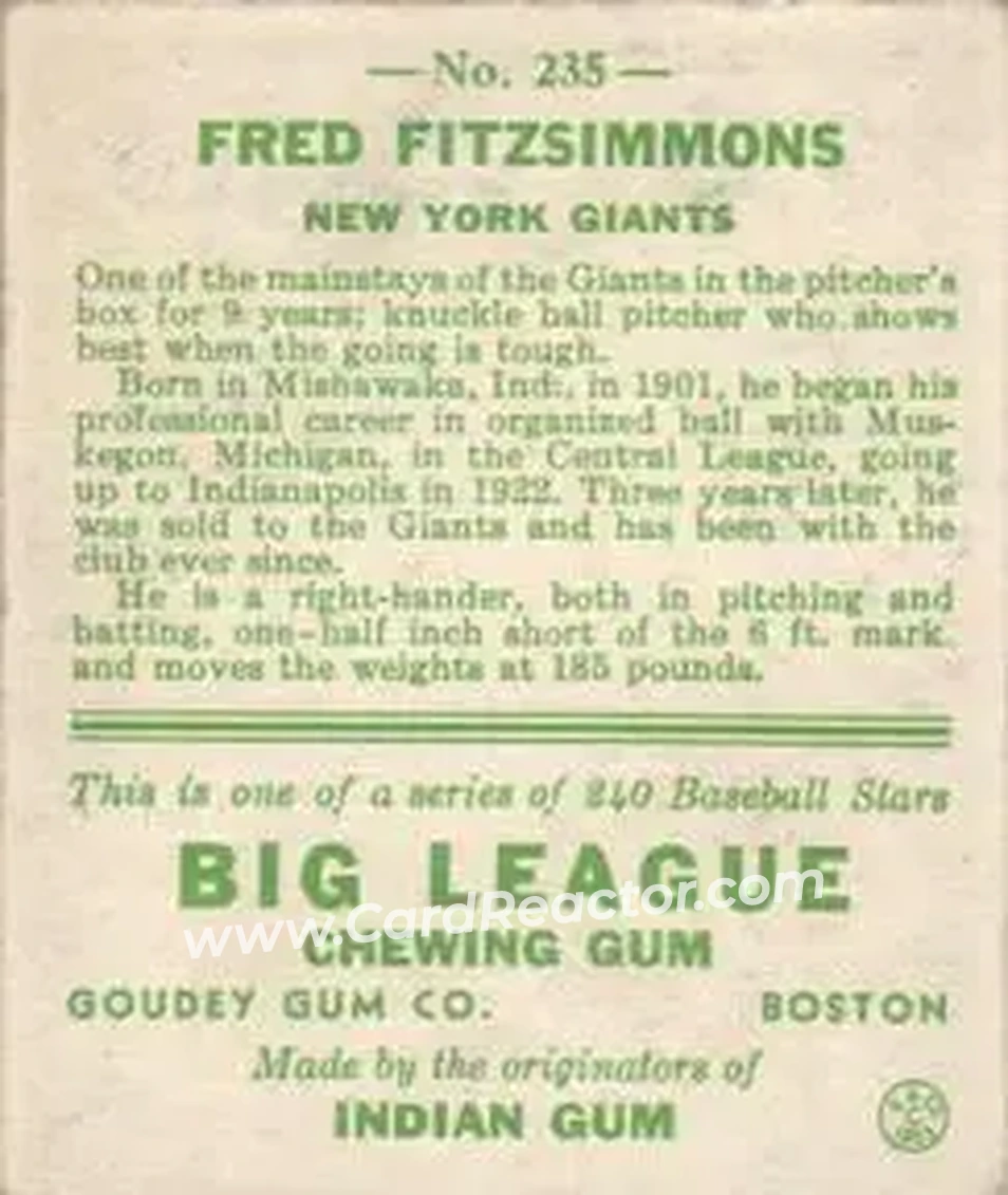 Back of Freddie Fitzsimmons