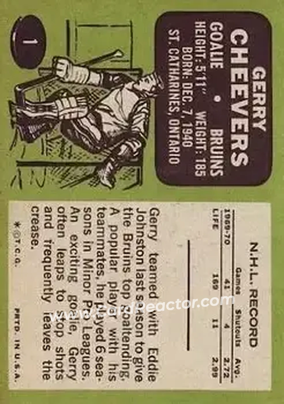 Back of Gerry Cheevers