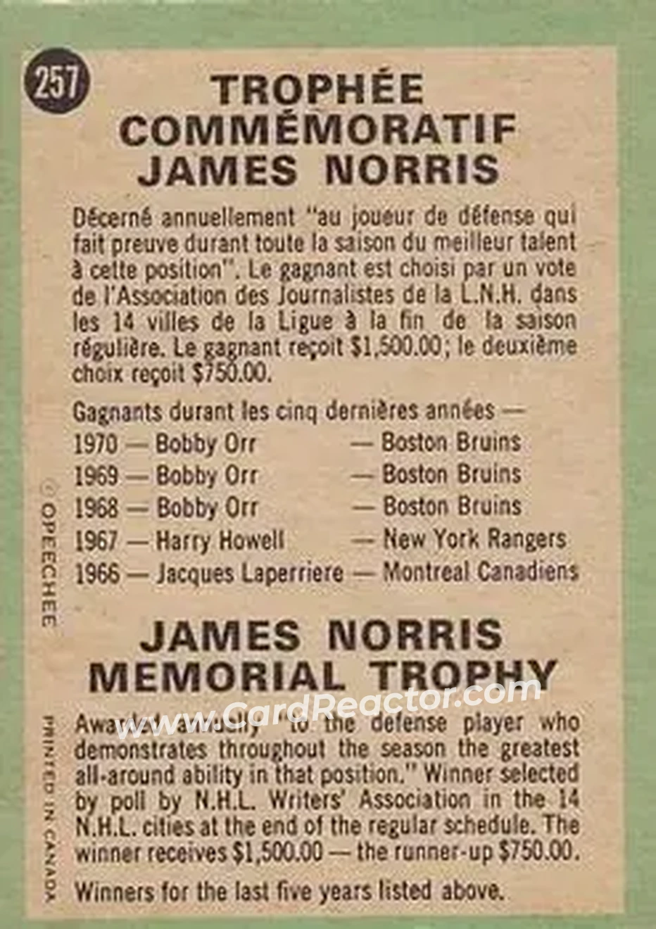 Back of James Norris Trophy