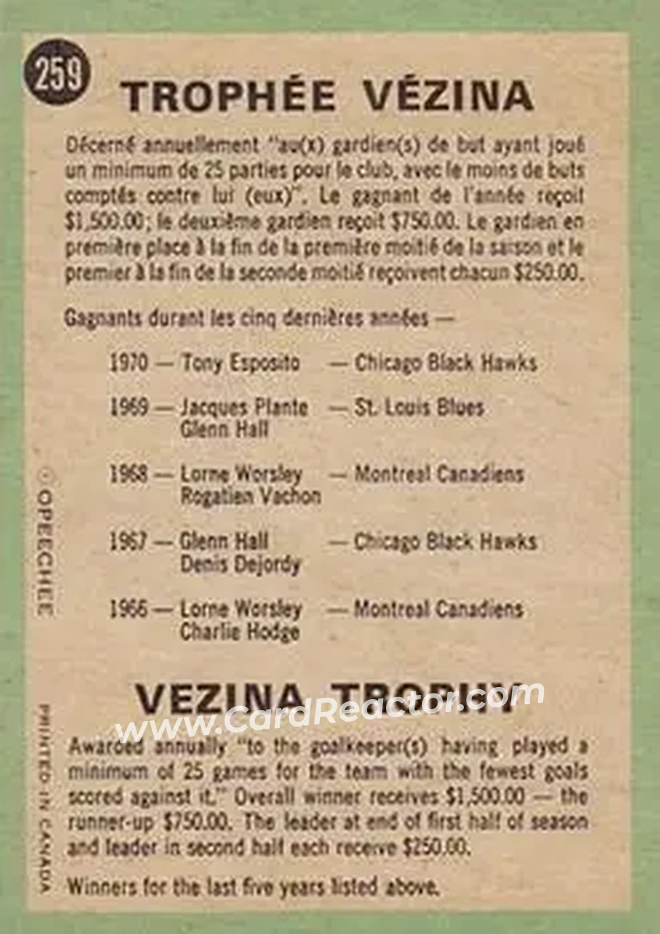 Back of Vezina Trophy