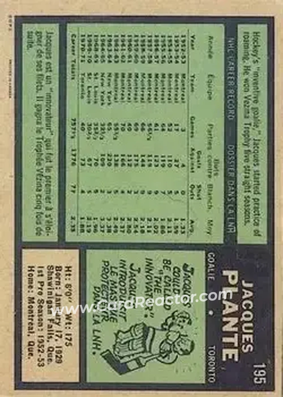 Back of Jacques Plante