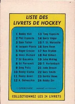 1971-72 O-Pee-Chee - Booklets French #13 - Tony Esposito - Chicago Blackhawks - Back