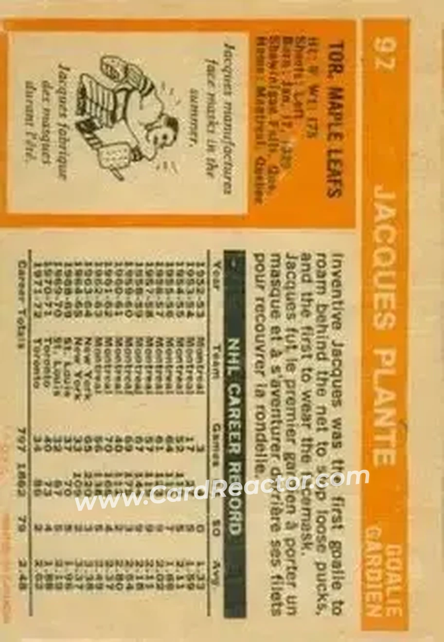 Back of Jacques Plante