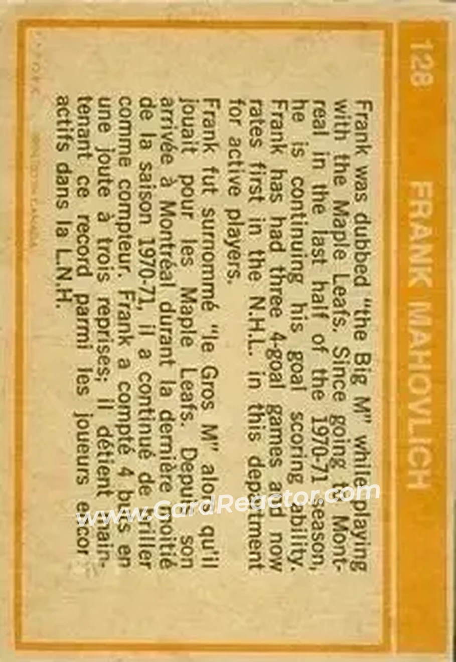 Back of Frank Mahovlich