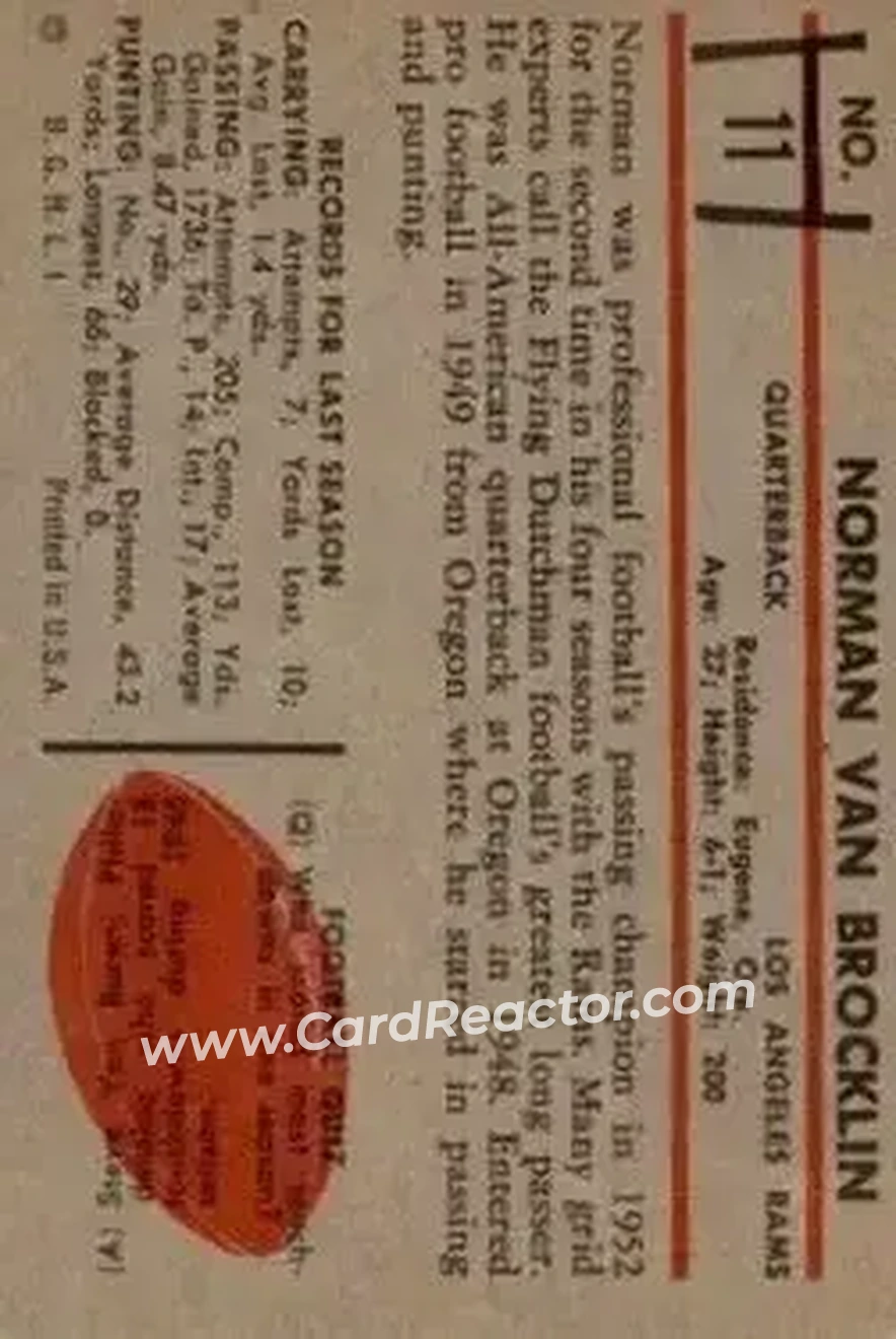 Back of Norm Van Brocklin