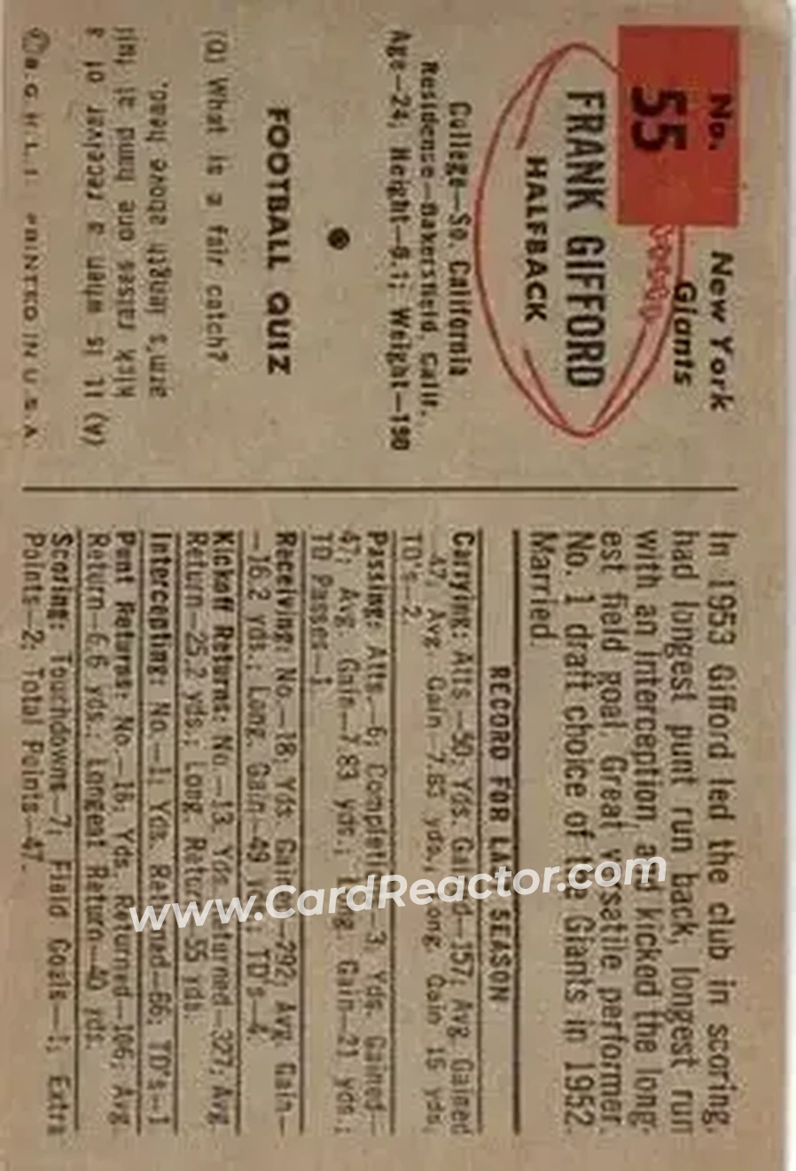Back of Frank Gifford