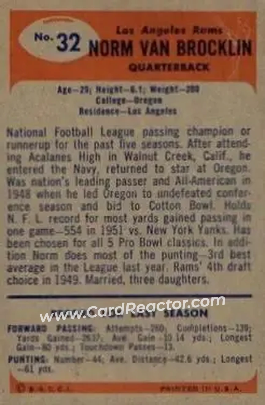 Back of Norm Van Brocklin