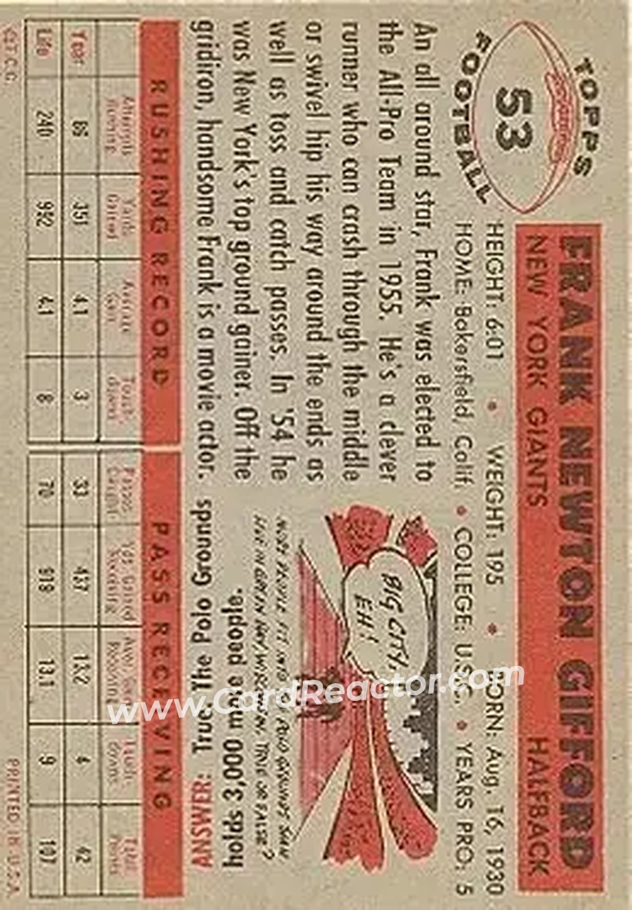 Back of Frank Gifford