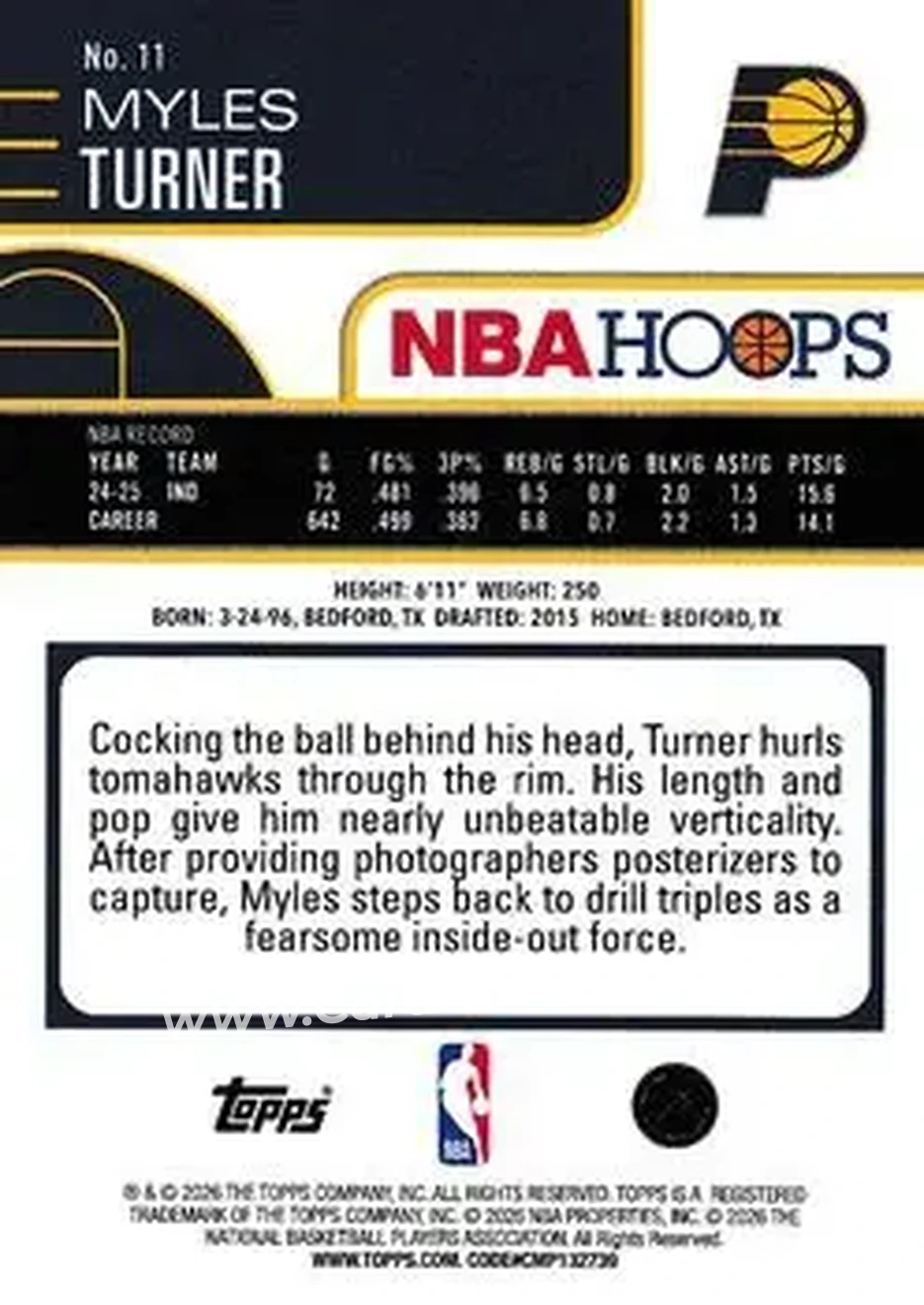 2025-26 Hoops #11 - Myles Turner - Indiana Pacers - Back 2025-26 Hoops #11 - Myles Turner - Indiana Pacers - Back