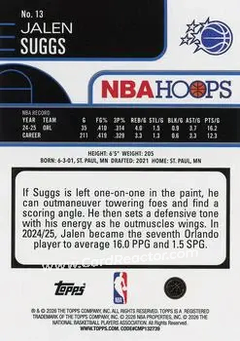 2025-26 Hoops #13 - Jalen Suggs - Orlando Magic - Back