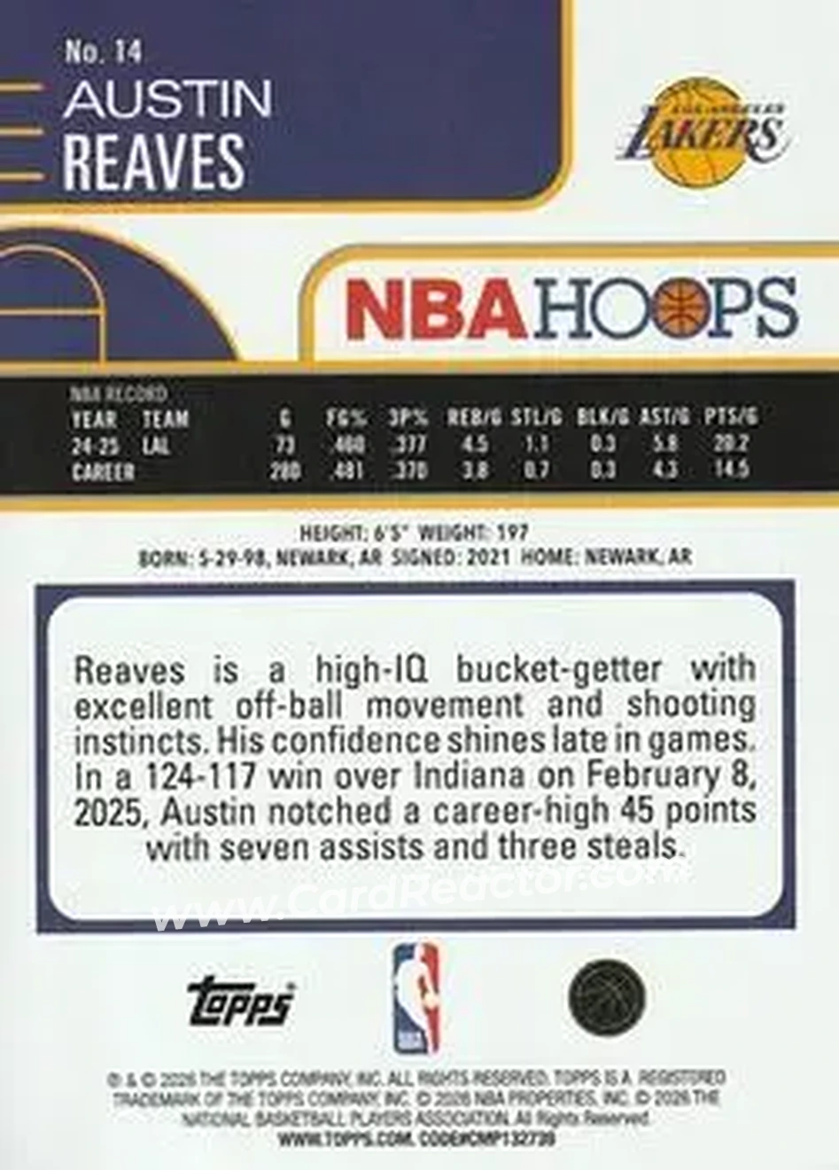 2025-26 Hoops #14 - Austin Reaves - Los Angeles Lakers - Back 2025-26 Hoops #14 - Austin Reaves - Los Angeles Lakers - Back