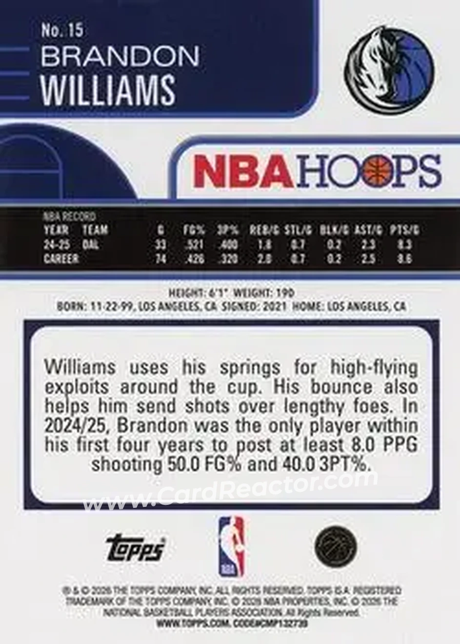2025-26 Hoops #15 - Brandon Williams - Dallas Mavericks - Back 2025-26 Hoops #15 - Brandon Williams - Dallas Mavericks - Back