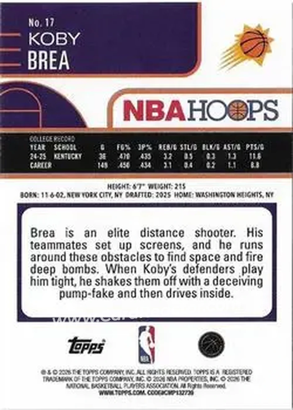 2025-26 Hoops #17 - Koby Brea - Phoenix Suns - Back 2025-26 Hoops #17 - Koby Brea - Phoenix Suns - Back