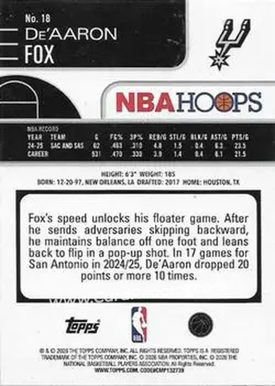 2025-26 Hoops #18 - De'Aaron Fox - San Antonio Spurs - Back