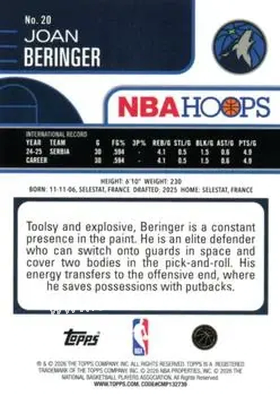 2025-26 Hoops #20 - Joan Beringer - Minnesota Timberwolves - Back