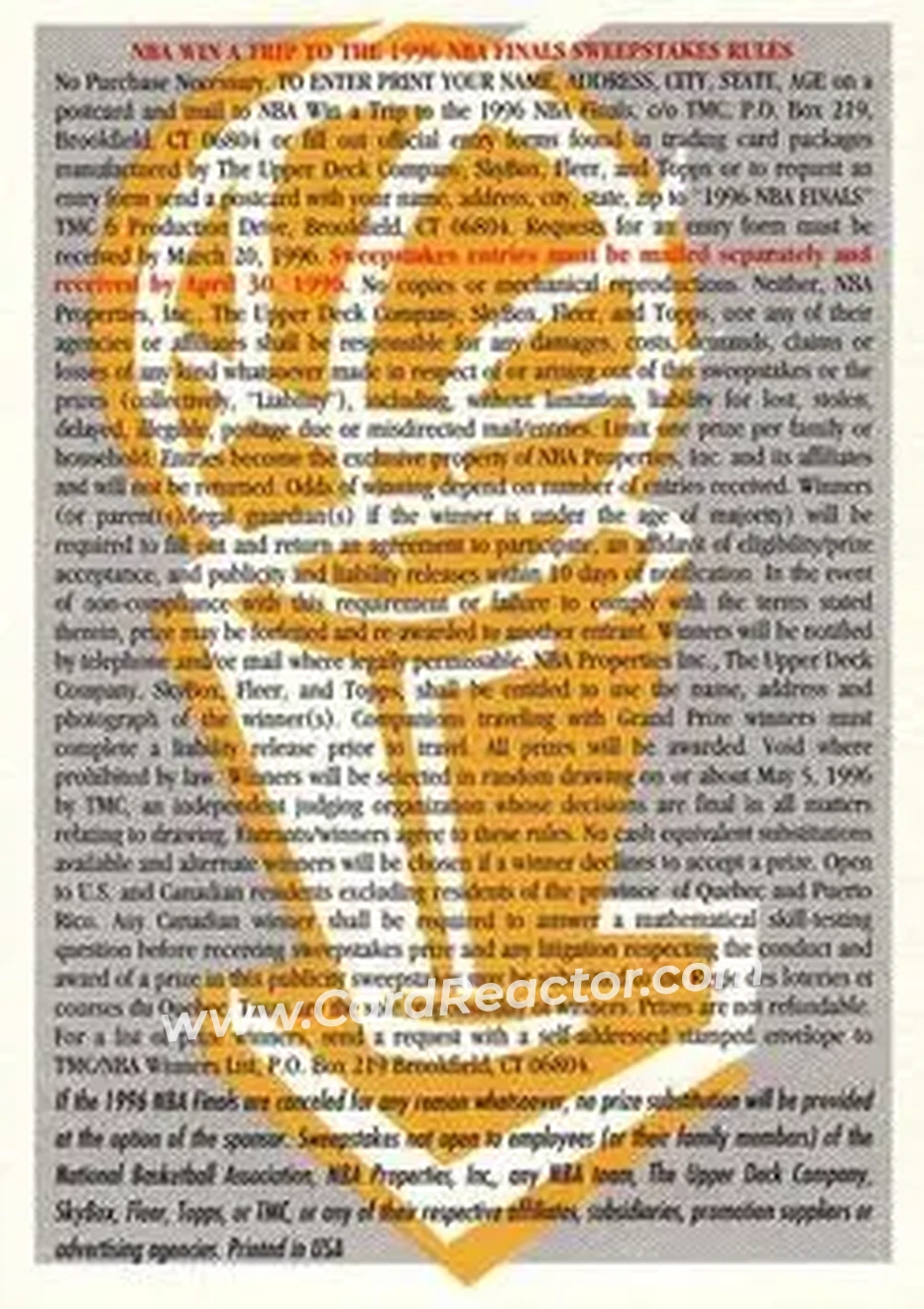Back of NBA Finals 1996 Contest Card