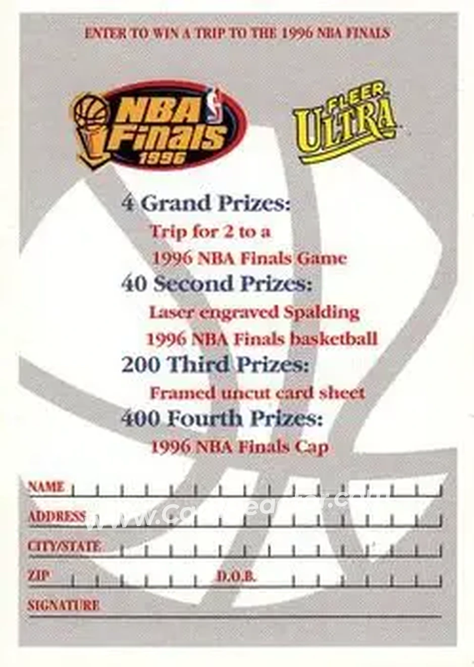 Front of NBA Finals 1996 Contest Card